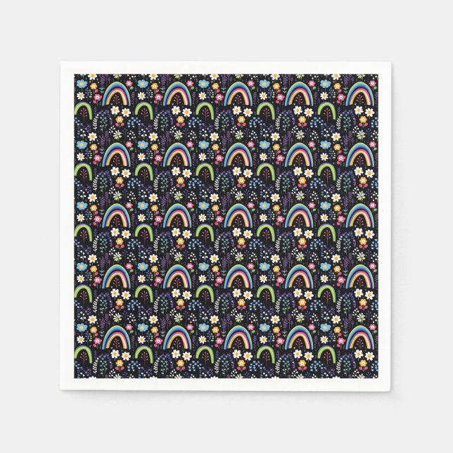 Colourful Floral Pattern with Rainbows and Trees Napkin (Front)