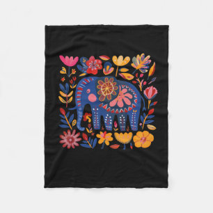 Colourful Floral Patterned Elephant Illustration Fleece Blanket