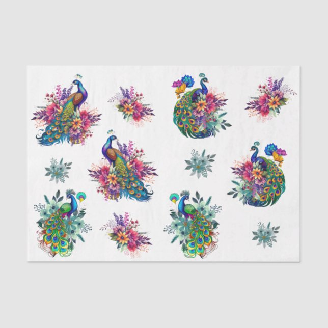 Colourful Floral Peacock Decoupage Tissue Paper (Front)