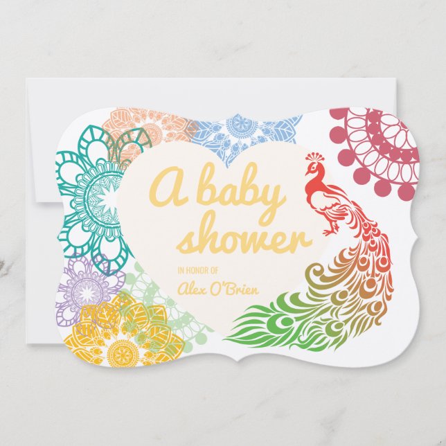 Colourful floral peacock drawing baby shower invitation (Front)