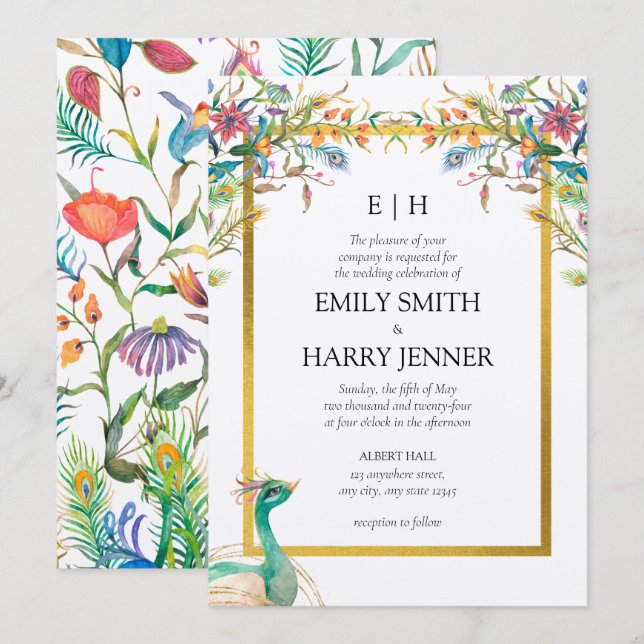 Colourful Floral Peacock Gold Garden Wedding Invitation (Front/Back)