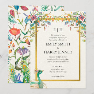 Colourful Floral Peacock Gold Garden Wedding Invitation
