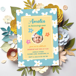 Colourful Floral Photo Birthday Party Invitation