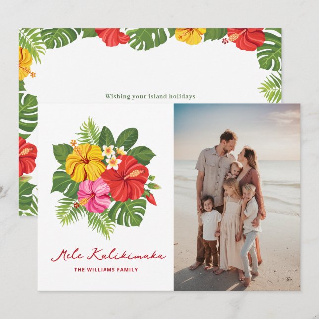 Colourful Floral Photo Mele Kalikimaka Hawaiian Holiday Card (Front/Back)