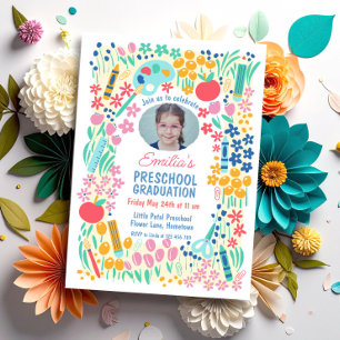 Colourful Floral Photo Preschool Graduation Invitation