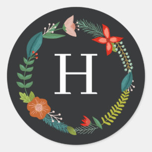 Colourful Floral & Pine Monogram Holiday Classic Round Sticker
