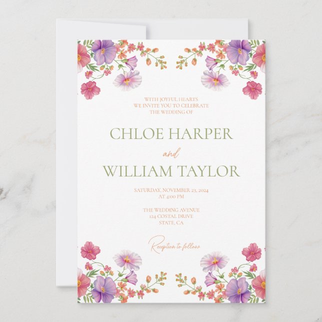 Colourful Floral Pink Purple Orange Yellow Green Invitation (Front)