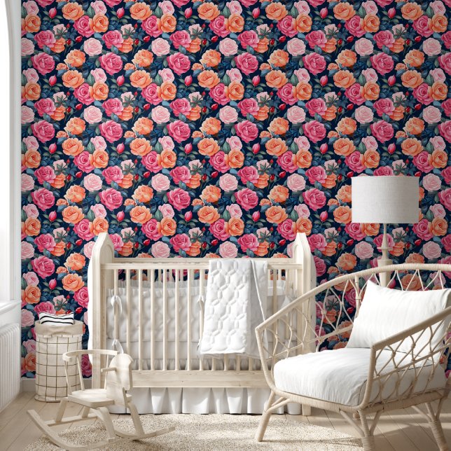 Colourful Floral, Pink, Red, Roses Pattern Wallpaper (Kids)