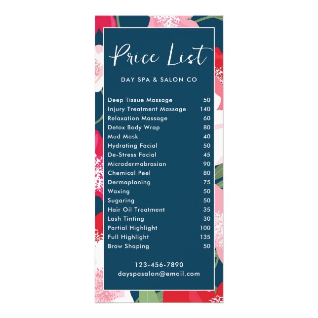 Colourful Floral Price List with QR Code Blue Rack Card (Front)