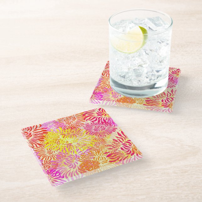 Colourful Floral Print Glass Coaster (Angled)