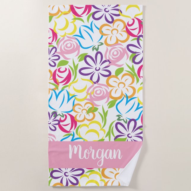 Colourful Floral Print Personalised Beach Towel (Front)