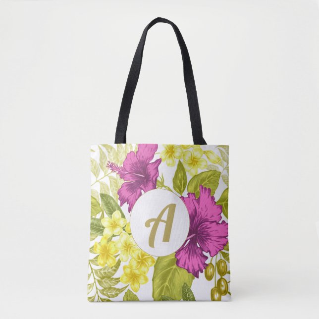 Colourful Floral Print with Monogram Tote Bag (Front)