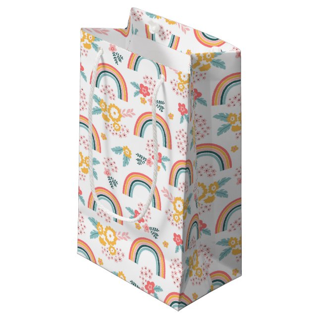 Colourful Floral Rainbow Pattern Small Gift Bag (Front Angled)