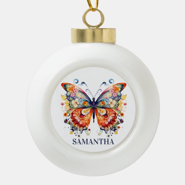 Colourful Floral Retro Butterfly Ceramic Ball Christmas Ornament (Front)