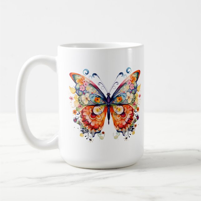 Colourful Floral Retro Butterfly Coffee Mug (Left)