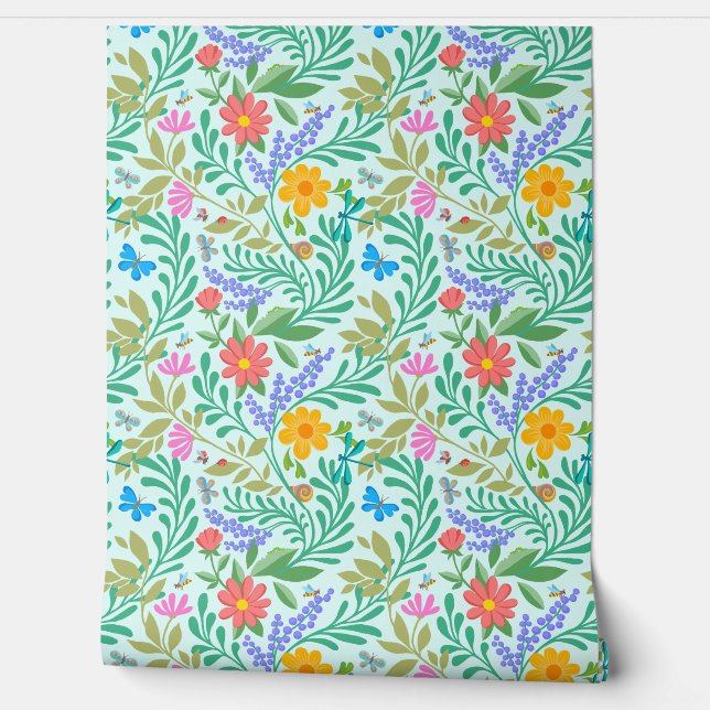  Colourful Floral Retro Cute Funny Pastel Teal Blu Wallpaper (Unrolling)