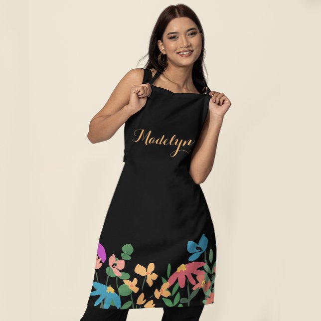 Colourful floral Script Name Personalised Apron (Personalized colorful florals on black apron.)