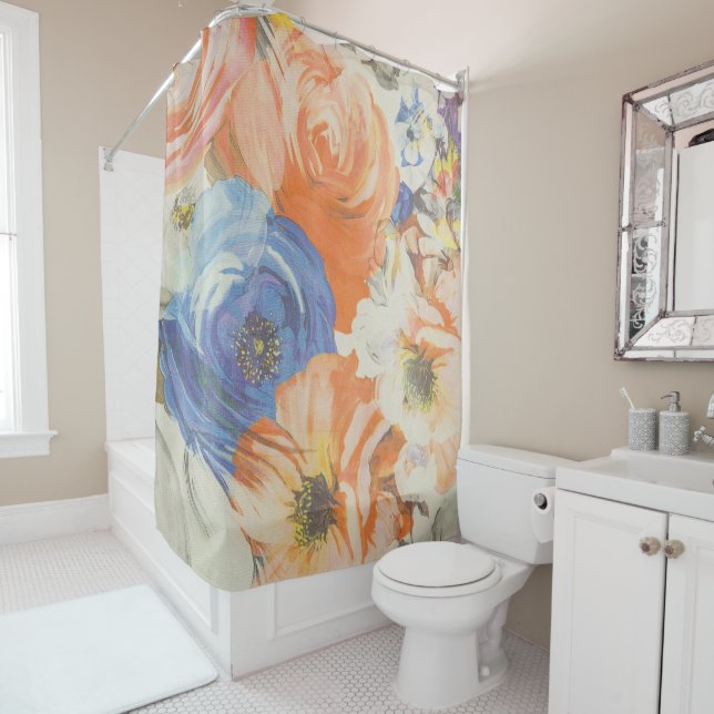Colourful Floral Shower Curtain Blue/Orange (In Situ)