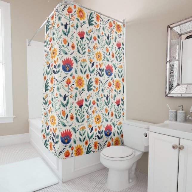 Colourful floral shower curtain featuring vibrant  (In Situ)