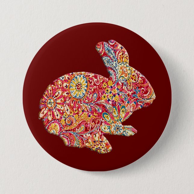 Colourful Floral Silhouette Easter Bunny Button (Front)