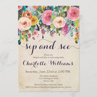 Colourful Floral Sip and See Invitations, Vintage Invitation