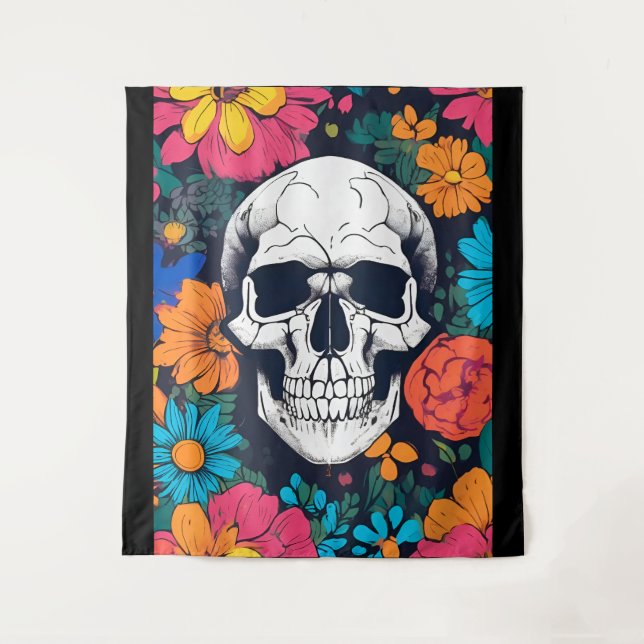 Colourful, Floral Skull Art  Tapestry (Front)