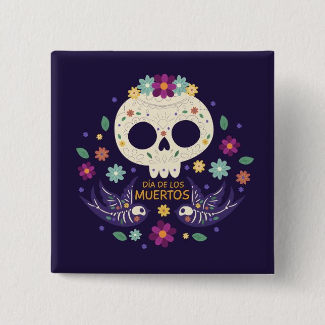 Colourful Floral Skull Dia de Muertos | Button (Front)