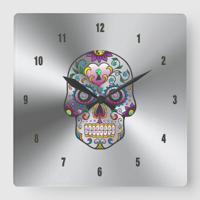 Colourful Floral Skull On Metallic Stainless Steel Square Wall Clock (Front)