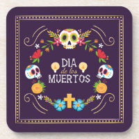 Colourful Floral Skulls Dia de Muertos | Coaster