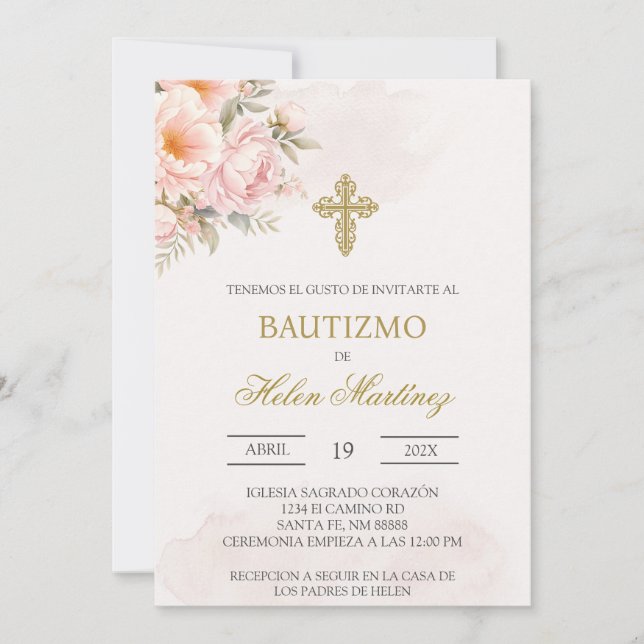 Colourful floral Spanish baptism Invitation (Front)