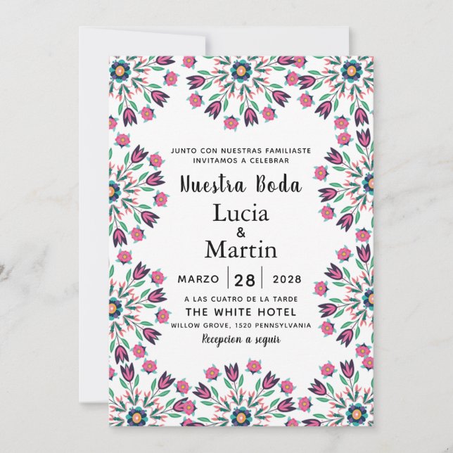 Colourful Floral Spanish Nuestra Boda Invitation (Front)