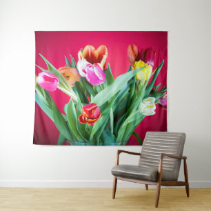 Colourful floral spring photo with red background tapestry