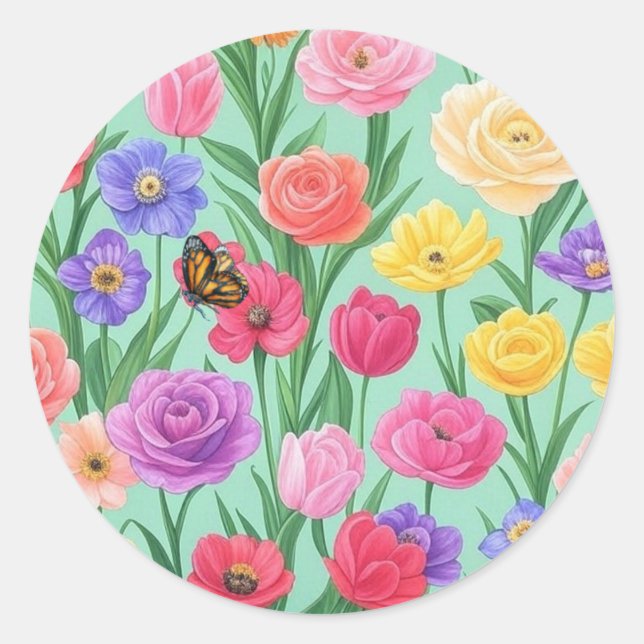Colourful Floral/Spring Rose Classic Round Sticker (Front)