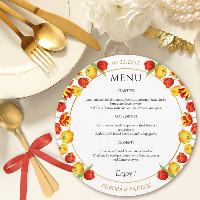 Colourful Floral Spring Tulip White Round Wedding Menu (Colorful Floral Spring Tulip White Round Wedding Menu)