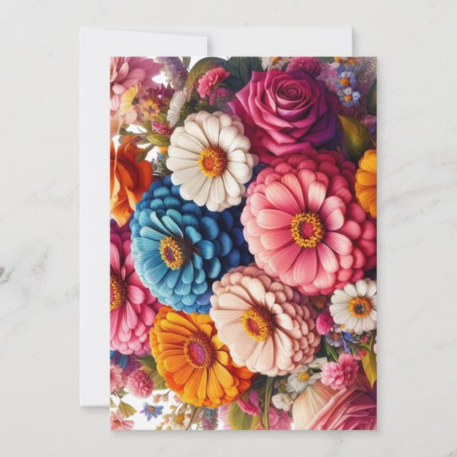 Colourful Floral/Spring Zinnia/Rose Holiday Card (Front)