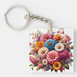 Colourful Floral/Spring Zinnia/Rose Key Ring