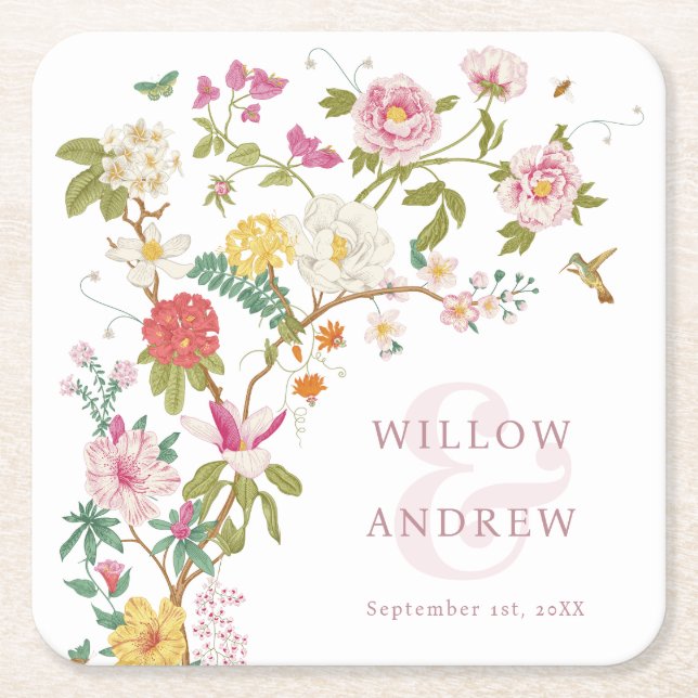 Colourful Floral Square Paper Coaster (Front)