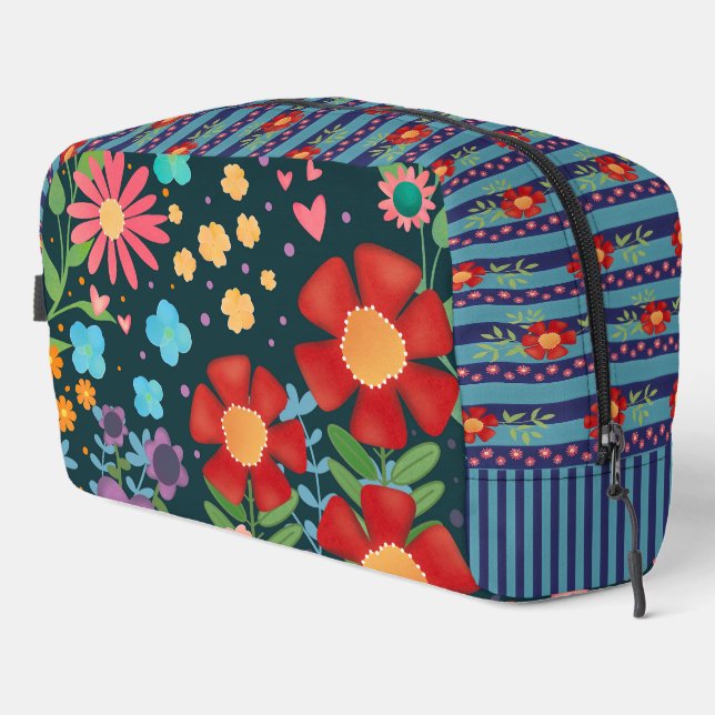 Colourful Floral Stripe Red Blue Cheerful Dopp Kit (Right Corner)