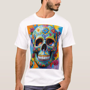 Colourful Floral Sugar Skull Art T-Shirt Design