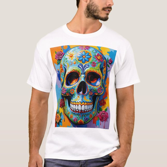 Colourful Floral Sugar Skull Art T-Shirt Design (Front)