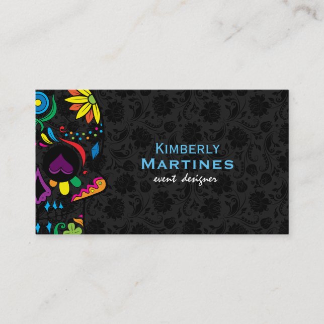 Colourful Floral Sugar Skull & Black Damasks 2 Business Card (Front)