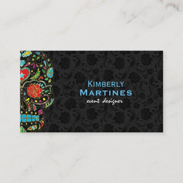 Colourful Floral Sugar Skull & Black Damasks Business Card (Front)