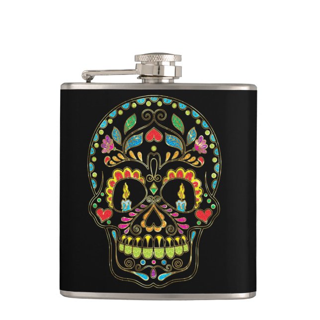 Colourful Floral Sugar Skull Burning Candles Hip Flask (Front)