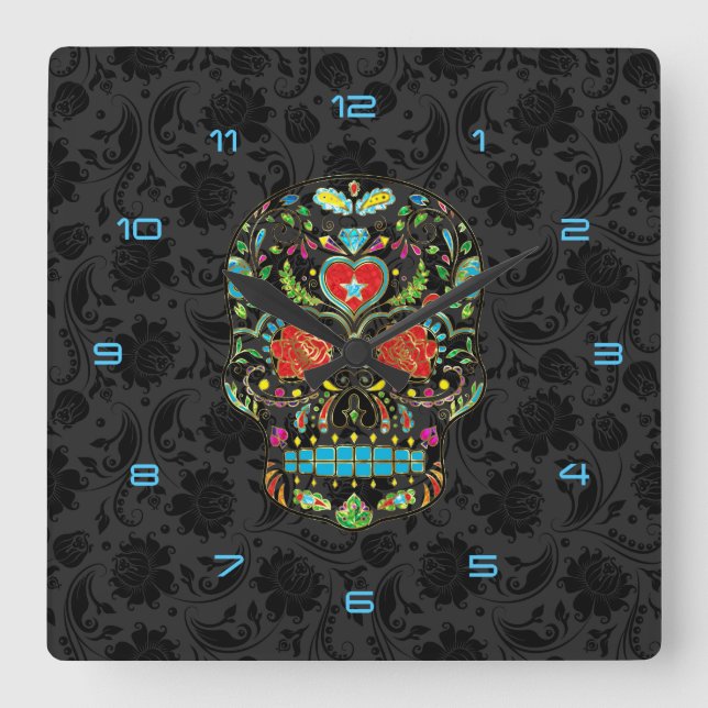Colourful Floral Sugar Skull Glitter And Gold 2 Square Wall Clock (Front)