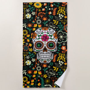 Colourful floral Sugar Skull Illustration Beach Towel