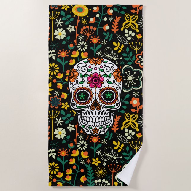 Colourful floral Sugar Skull Illustration Beach Towel (Front)