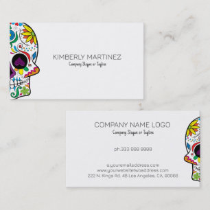 Colourful Floral Sugar Skull on White Business Card