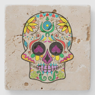 Colourful Floral Sugar Skull Purple Hearts Stone Coaster
