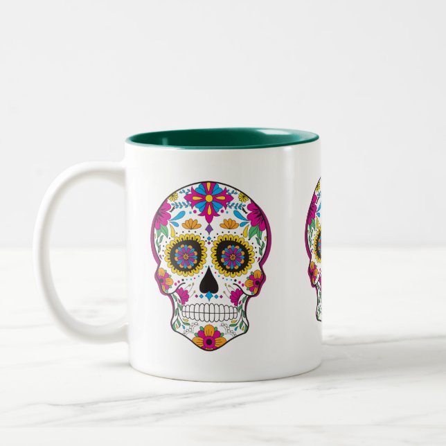 Colourful floral sugar skull Two-Tone coffee mug (Left)