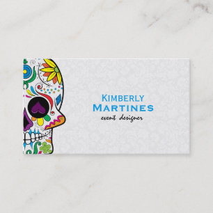 Colourful Floral Sugar Skull & White Damasks 2 Business Card